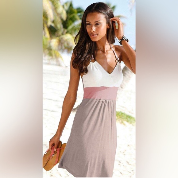 Lascana Halter Tie Colorblock Dress Taupe Multicolor Size 2 - Picture 3 of 6